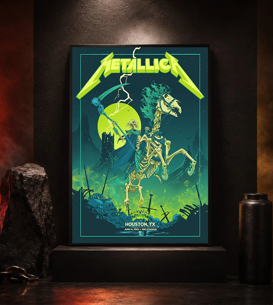 Metallica M72 World Tour June 14 2025 NRG Stadium Houston Texas United States poster canvas featuring a skeletal rider on a bone horse, a skull-tipped scythe, glowing moon, lightning, skulls, swords and Houston event text.